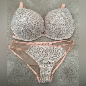 Victoria's Secret Pink and White Lace Push-Up Bra & Panty Set